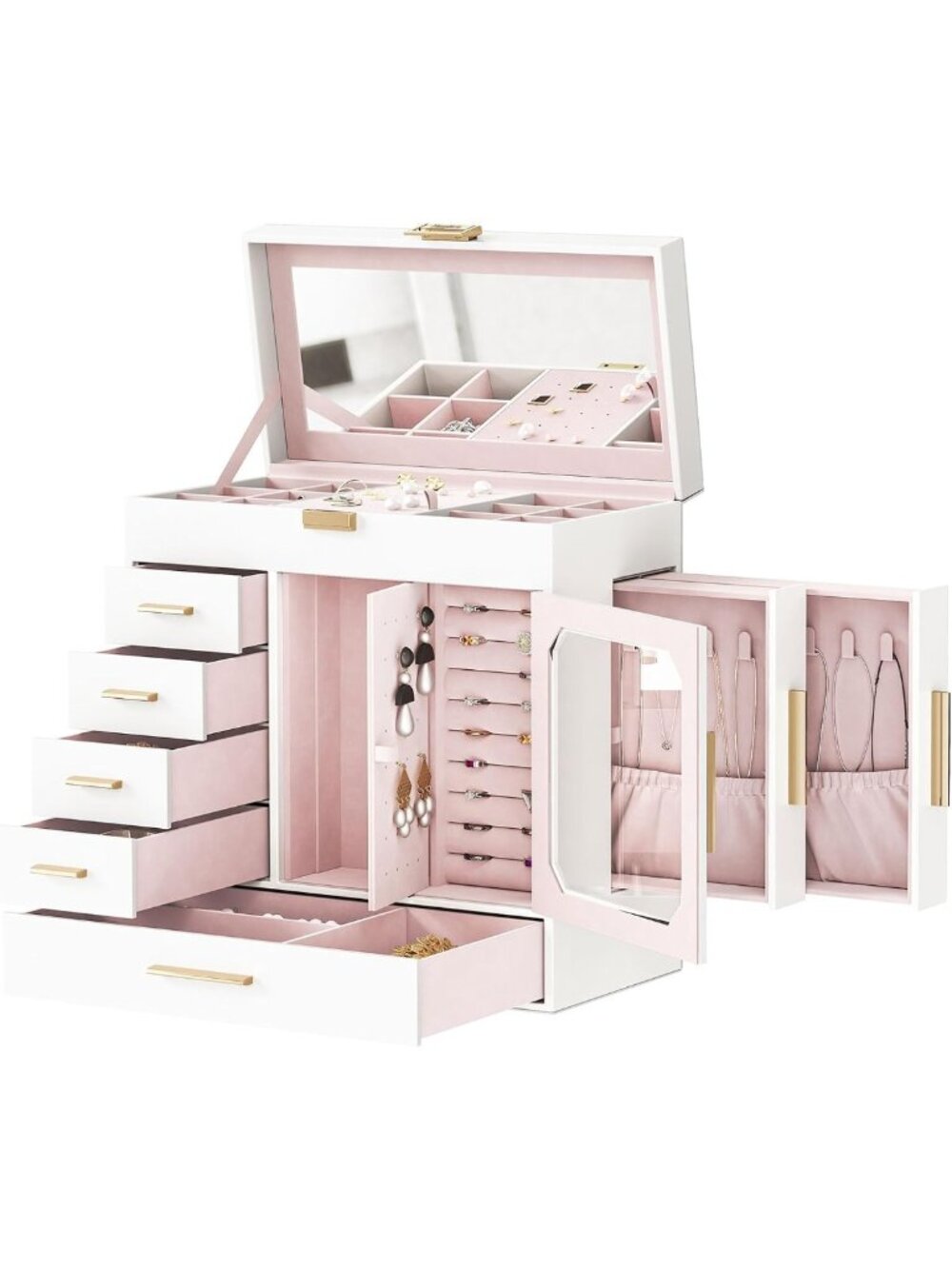 Elegant 6-Layer Jewelry Organizer Box with Mirror & Glass Window - Perfect